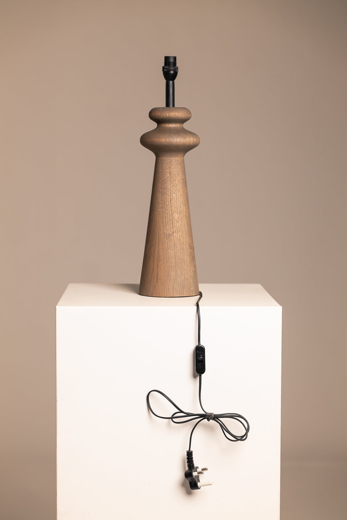 Carved Oak Lamp Base in Olive Grey