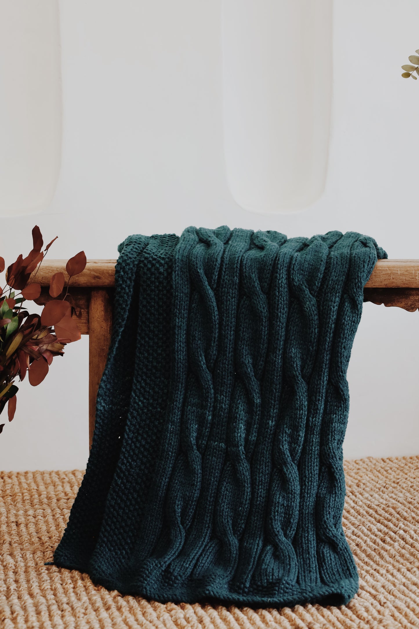 Traditional 100% Cotton Peacock Blue Chunky-knit Throw