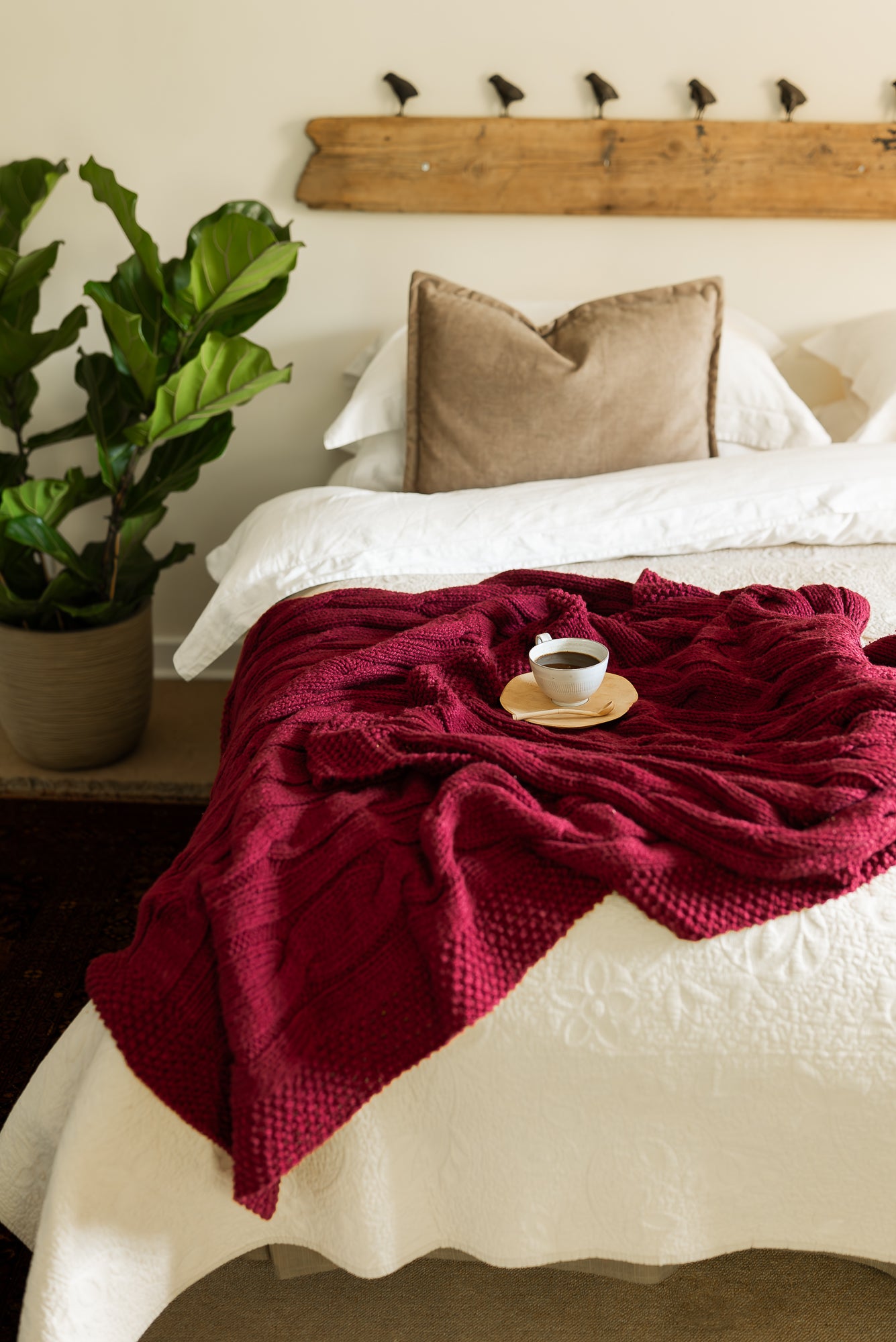 Traditional 100% Cotton Burgundy Chunky Cable-knit Throw