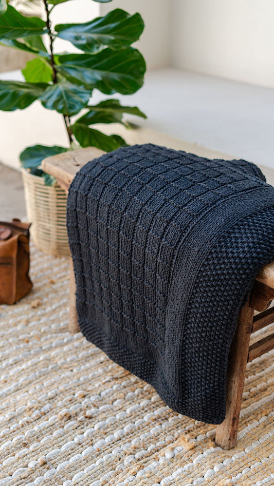 Traditional 100% Cotton Charcoal Checker Weave Throw