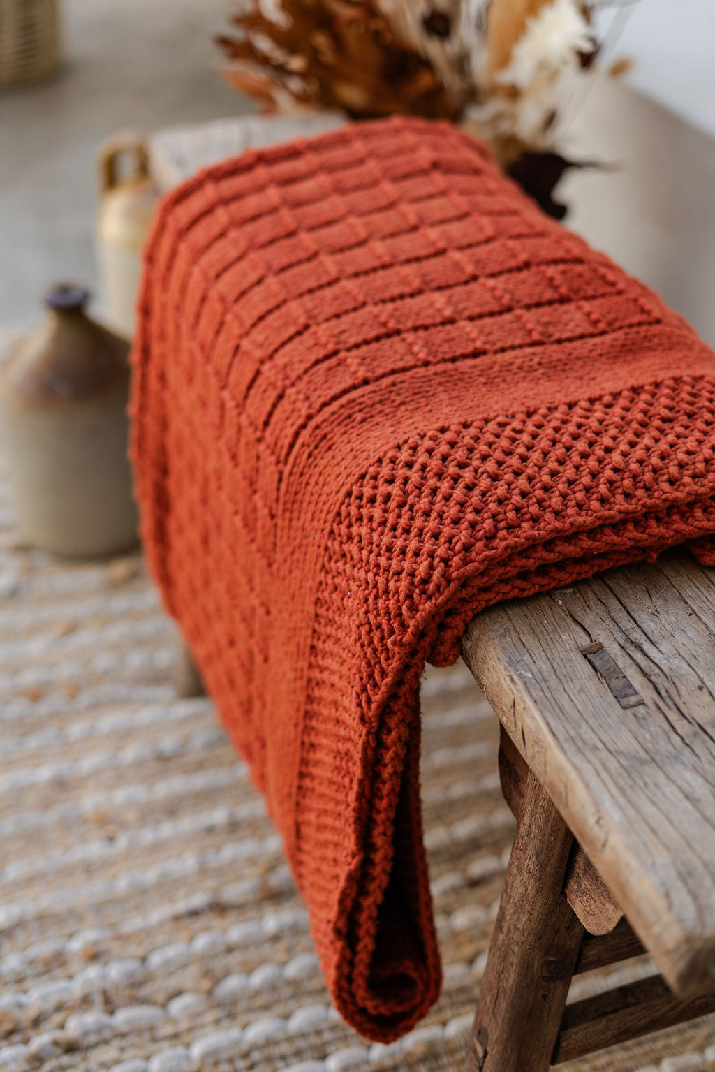 Traditional 100% Cotton Burnt Umber Checker Weave Throw