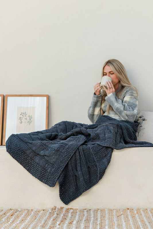 Traditional 100% Cotton Charcoal Chunky Cable-knit Throw